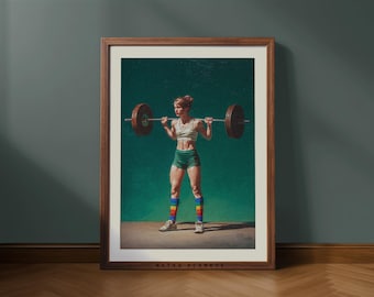Retro Gym Girl Wall Art – Vintage Weightlifting Poster for Home Gym Decor (Digital Download)