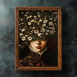 Whimsical Renaissance Flower Head Woman Print, Surreal Portrait Wall Art, Vintage Style Floral Lady Artwork Digital Download
