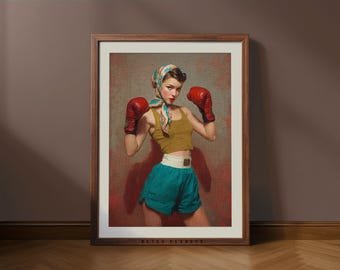 Lámina retro de boxeadora feminista – Arte mural vintage de boxeo femenino / Decoración de gimnasio para empoderamiento / Descarga digital