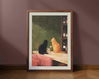 May include: Framed art print featuring two cats at a bar. One black cat sits, while the other, an orange tabby, smokes a cigarette. A martini and a drink with ice are on the bar. The print is in a wooden frame.