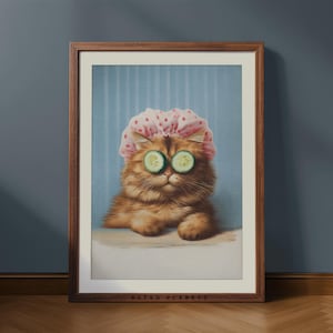 Funny Cat Bathroom Wall Art – Spa Kitty Retro Printable for Self-Care Decor, Digital Download for Relaxing Bathroom Humor