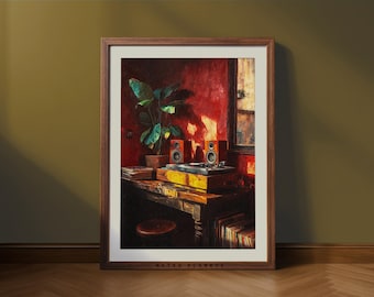 May include: A framed art print of a vintage interior scene. The artwork depicts a record player with speakers, a potted plant, and a window. The color palette includes shades of red, brown, and green, creating a warm and inviting atmosphere. The frame is brown.