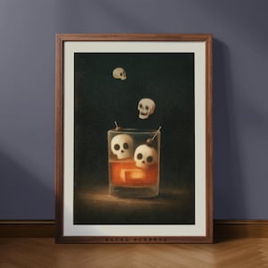 Skull Cocktail Halloween Bar Wall Art – Spooky Whiskey Drink with Skulls, Retro Gothic Kitchen or Lounge Decor, Vintage Halloween Poster
