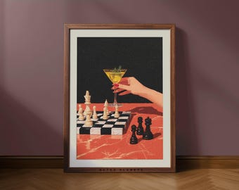 Martini Wall Art Chess Print – Dark Elegant Bar Wall Decor, Cocktail Chessboard Poster for Home Bar (Digital Download)