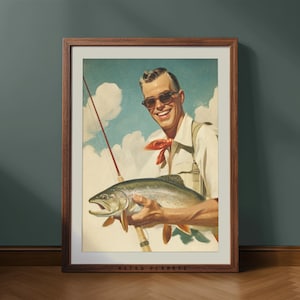 Retro Fishing Wall Art – Vintage Fisherman with Trout Print, Gift for Dad, Rustic Lodge Decor, Outdoorsy Cabin Poster, Fishing Enthusiast