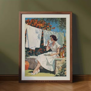 Retro Laundry Room Wall Art | Vintage Mid Century Woman Hanging Washing Print | 1950s Housewife Clothesline Poster | Retro Planets Digital