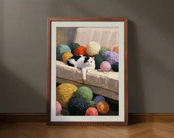 Vintage Cat and Yarn Print – Retro Knitting Home Decor (Digital Download)