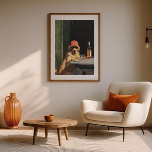 Retro style dog wall art in cozy kitchen corner with wood textures