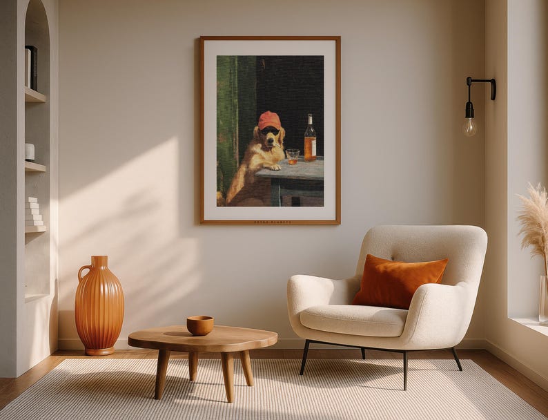 Retro style dog wall art in cozy kitchen corner with wood textures
