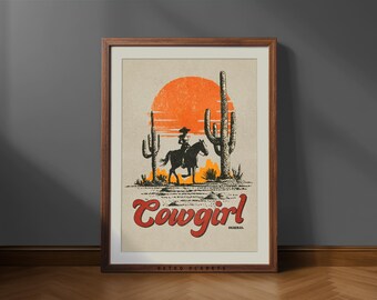 Retro Cowgirl Sunset Print: Vintage Western Horseback Riding Art (Digital Download