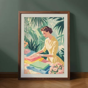 Retro Laundry Woman Print – 1950s Tropical Folding Art (Digital Download)