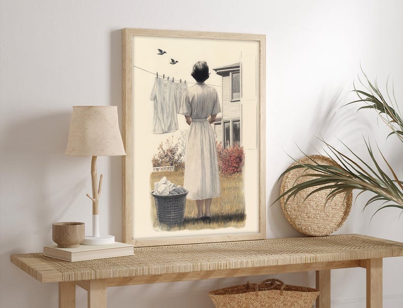 Vintage Laundry Day Art Print, Woman Hanging Clothes, Retro Wall Decor ...