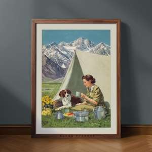 Vintage Camping Wall Art, Woman and Dog by Mountain Tent, Farmhouse Retro Outdoorsy Print Cabin, Camper Wilderness Decor, Digital Download