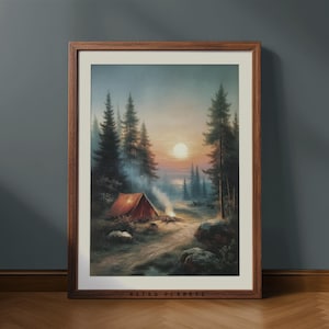 Retro Hiking Campfire Print, Backpacking Wall Art for Hikers, Sunset Tent Poster, Forest Trail Artwork, Outdoorsy Nature Gift, Camping Cabin