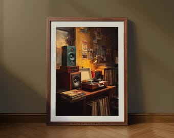 Stampa retrò di un negozio di dischi in vinile – Accogliente sala musicale (download digitale)