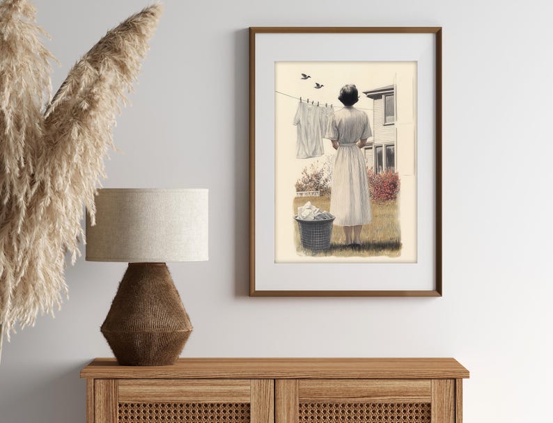 Vintage Laundry Day Art Print, Woman Hanging Clothes, Retro Wall Decor ...