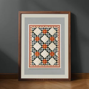 May include: A framed print featuring a quilt pattern with a repeating grid of large cream-coloured diamonds, small orange and yellow checkered squares, and dark blue and white checkered blocks, all enclosed within a thin red and white border.