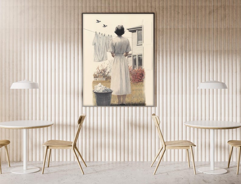 Vintage Laundry Day Art Print, Woman Hanging Clothes, Retro Wall Decor ...