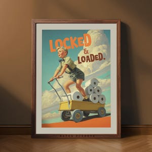 Poster del bagno Locked and Loaded - Divertente decorazione da parete per il bagno, Carta igienica con ragazzo retrò stampabile, Decorazione originale per il bagno degli ospiti, Bagno vintage