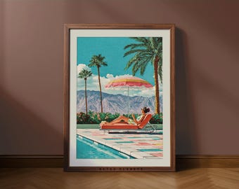 Retro Palm Springs Pool Wall Art – Vintage Poolside Poster, Midcentury Summer Decor (Digital Download)
