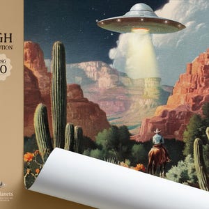 High-resolution 300 DPI UFO cowboy digital file preview, retro sci-fi western print ready for instant framing.