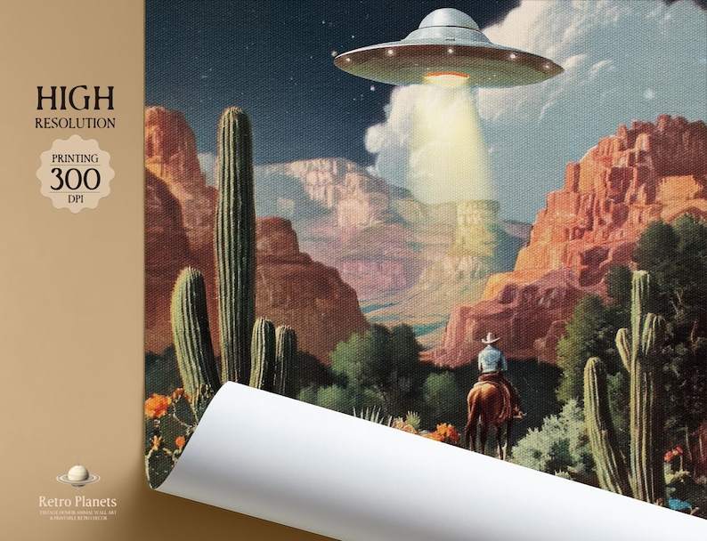 High-resolution 300 DPI UFO cowboy digital file preview, retro sci-fi western print ready for instant framing.