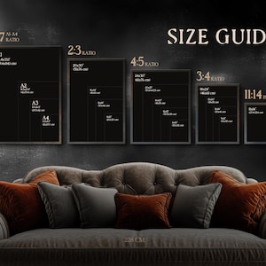 Size guide mockup showing smoking dog art above kitchen counter