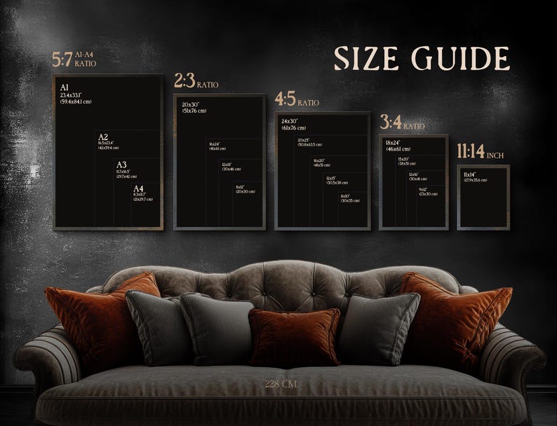 Size guide mockup showing smoking dog art above kitchen counter