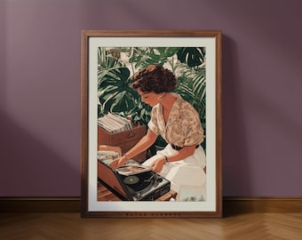 Retro Black Woman DJ Art Print: Mid-Century Modern Home Decor (Digital Download