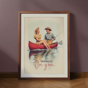 Retro Canoe Couple Wall Art – Vintage Lake Fishing Printable for Cabin Decor and Romantic Outdoorsy Spaces – Rustic Nature Love Poster