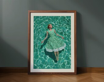 Impresión retro de mujer nadando en la piscina: arte mural vintage de verano (descarga digital)
