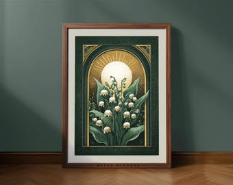 Lily of the Valley Moon Art Print: Emerald Green Floral, Art Nouveau (Digital Download)
