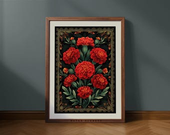 Mexican Floral Folk Art Print – Botanical Marigold Wall Decor (Digital Download)