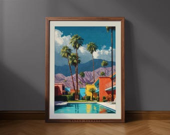 Lámina artística junto a la piscina de Palm Springs: Motel retro de Palm Springs, arte mural moderno de mediados de siglo para piscinas, decoración de viajes al desierto (descarga digital)