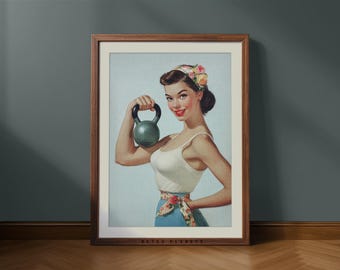 Retro Fitness Wall Art – Vintage Woman Weightlifting Poster (Digital Download)