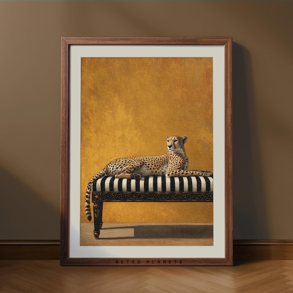 Cheetah Wall Art Print – Luxury Animal Portrait on Striped Bench, Bold Maximalist Decor, Statement Wall Art (Digital Download)
