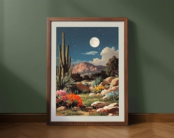 Wüsten Landschaft Print - Retro Kaktus Mond Kunst Poster (Digitaler Download)
