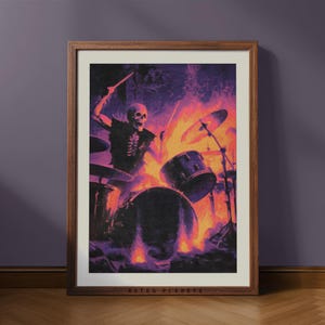 Retro Skeleton Drummer Halloween Print: Spooky Rock Band Art (Digital Download)