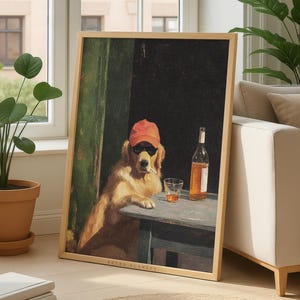 Retro smoking dog wall art framed on kitchen counter with warm natural light