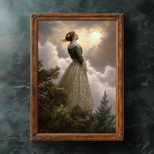 Victorian Forest Lady Printable | Romantic Woman in Green Dress | Cloudy Hilltop Scene | Whimsical Renaissance Wall Art
