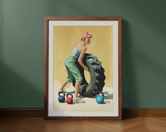 Retro Gym Girl Wall Art – Vintage Fitness Poster for Home Gym Decor (Digital Download)