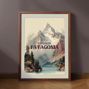 Patagonien Berg Vintage Reiseplakat, Retro Landschaft Wandkunst für Wanderer, Hütte Dekor, Natur Entdecker Geschenk, druckbare Outdoor Szene