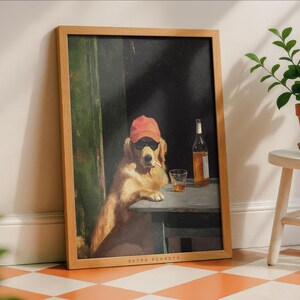 Retro smoking dog wall art framed on kitchen counter with warm natural light