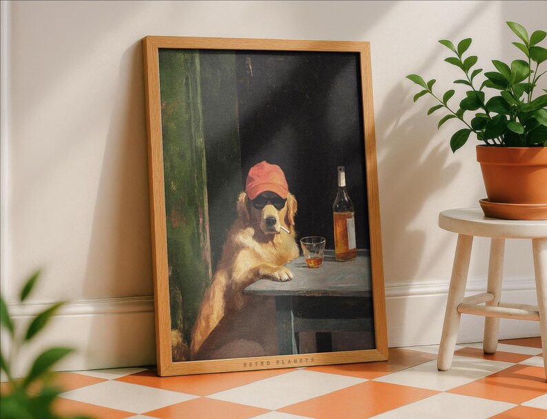 Retro smoking dog wall art framed on kitchen counter with warm natural light