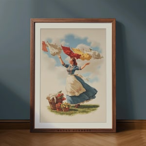 Vintage Laundry Room Art Print: Cheerful Woman, Retro Decor (Digital Download)
