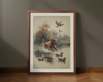 Stampa vintage di un cane da caccia alle anatre: decorazione murale rustica in stile baita (download digitale)