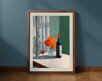 Impression d'art nature morte vin rouge – décoration de bar de cuisine rétro (téléchargement numérique)