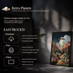 Easy download, print, and frame guide for UFO cowboy desert landscape digital artwork.