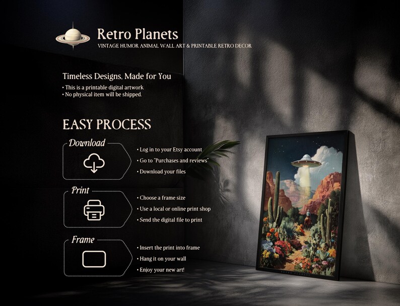 Easy download, print, and frame guide for UFO cowboy desert landscape digital artwork.