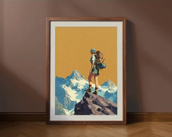 Retro Hiking Art Print – Vintage Mountain Travel Poster (Digital Download)
